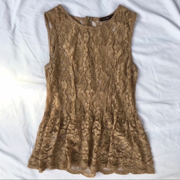 hazel Tops - Hazel Nude Light Brown Lace Sleeveless Peplum Top